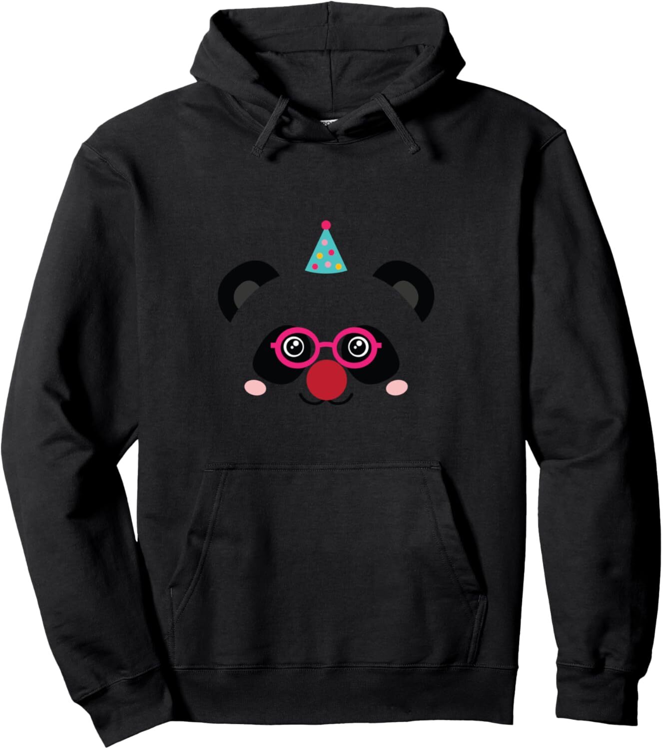 Hoodie for Mens Womens Panda Face With Pink Glasses Red Nose And Party Hat Pullover Hoodie Graphic Hoodies sweatshirt Pullover Long Sleeve