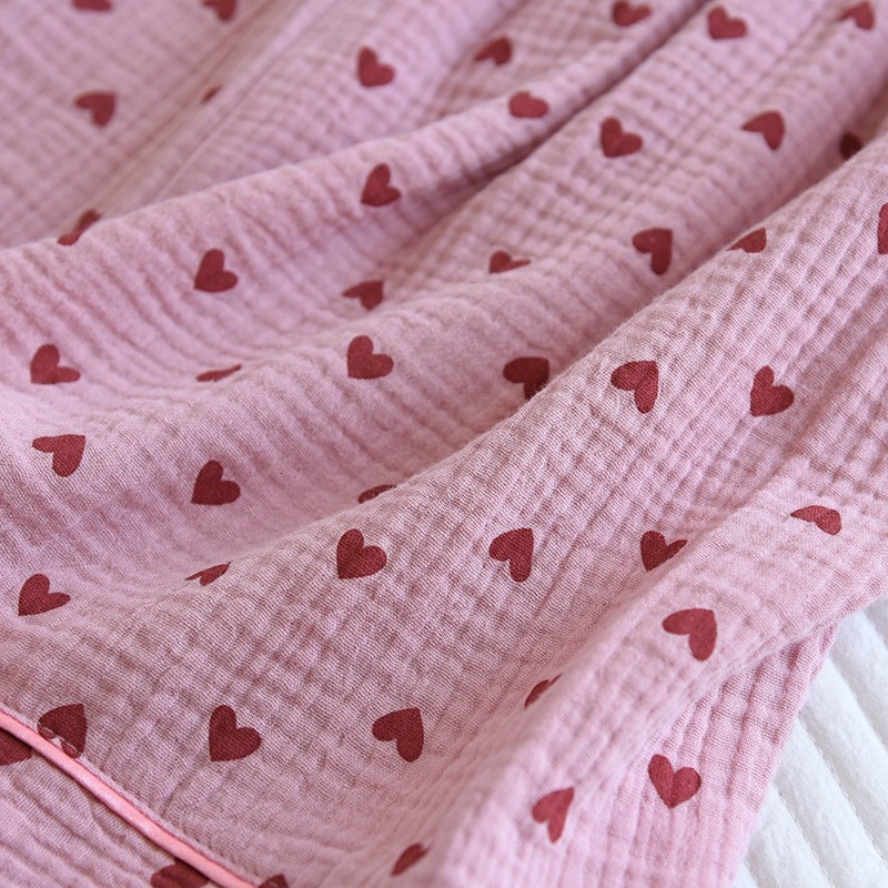 Summer 2-Piece Set 100% Cotton Gauze Short-Sleeved Heart Print Homewear Ladies Pamas Women Sleepwear