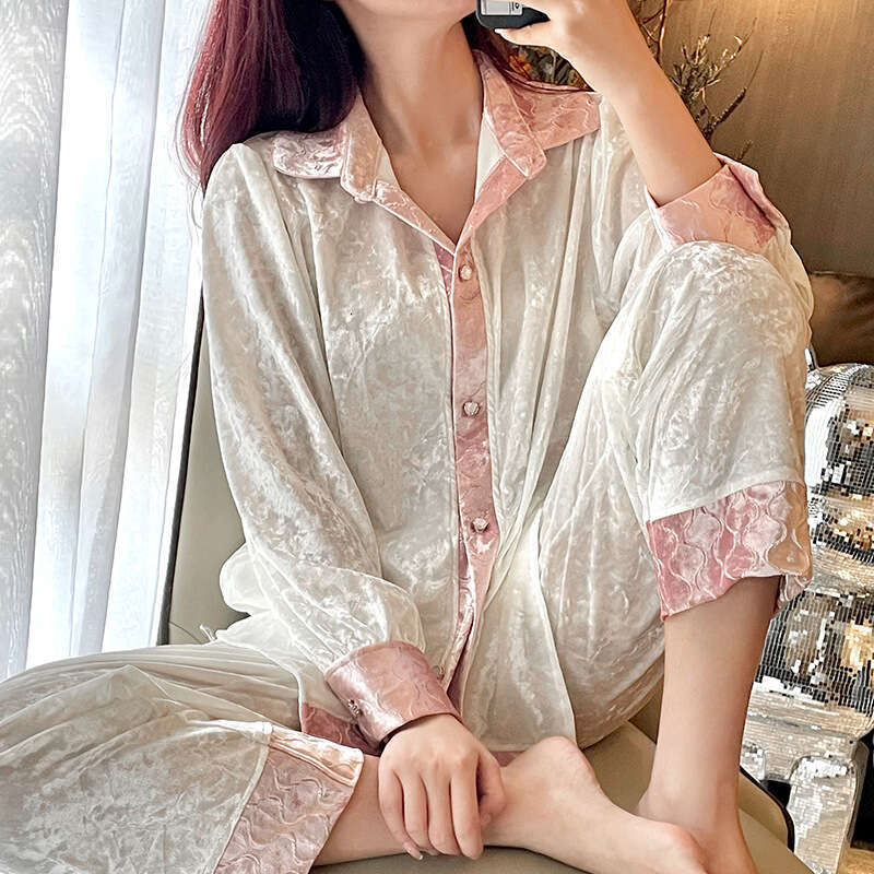 Women Veet Long Sleeve 2Pcs Pamas Set Nightwear Loose Lounge Wear Home Clothes Autumn Winter New Sleepwear Pyjama Pour Femme