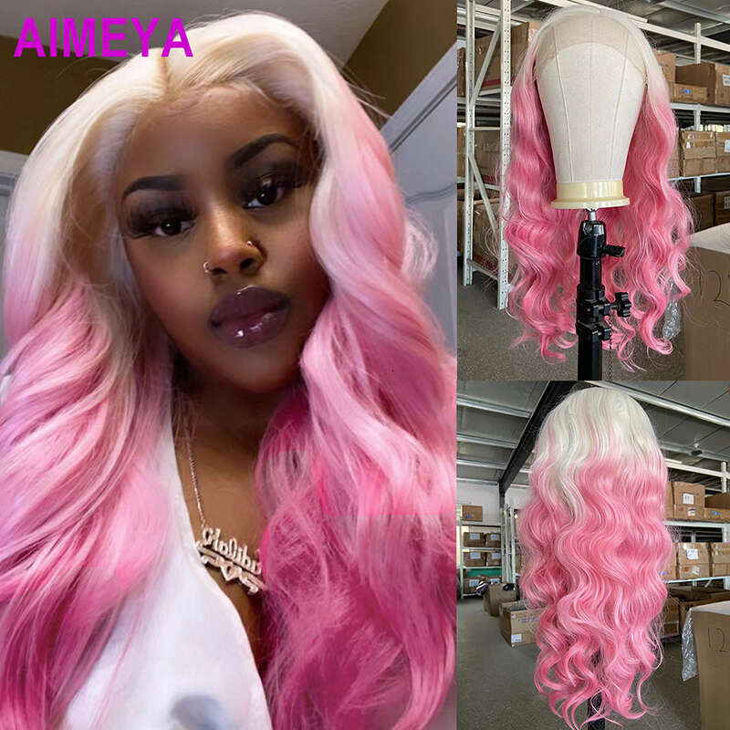 AIMEYA Ombre Pink Body Wave Lace Front Wigs For Women Middle Part Synthetic Natural Haire Daily Use Costume Party Wig