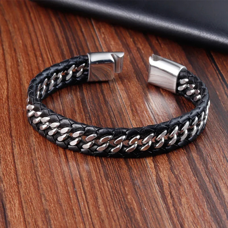 Woven rope woven black leather mens bracelet punk style stainless steel bracelet used for friends charm fashion jewelry gifts 240914
