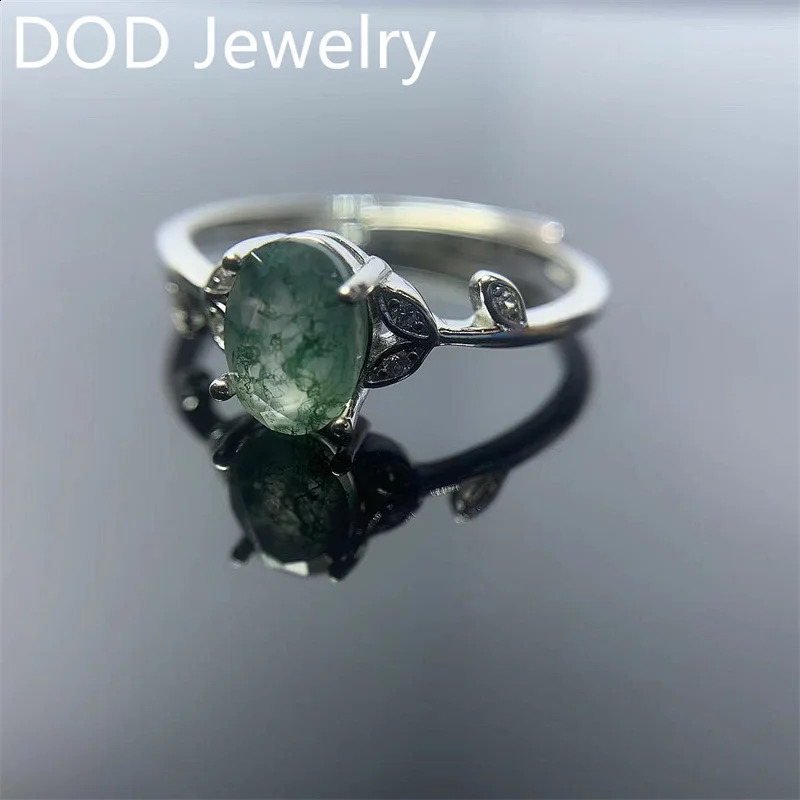 Womens Silver Ring 5X7mm Oval Cut Moss Agate Cluster Halo Engagement Rings In 925 Sterling 240906