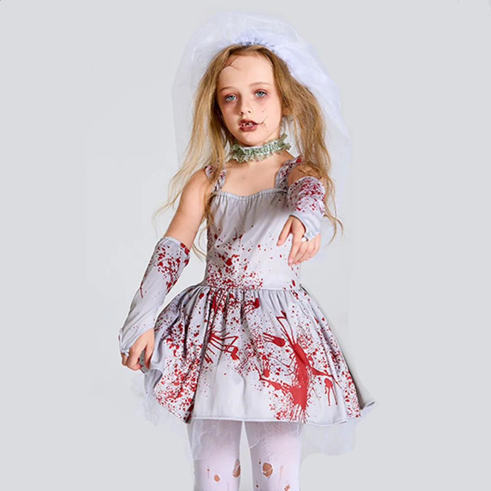 Girl Corpse Bride Horror Cosplay Children Halloween Bloody Walking Dead Zombie Costume Carnival Purim Cosplay Party Dress 240906