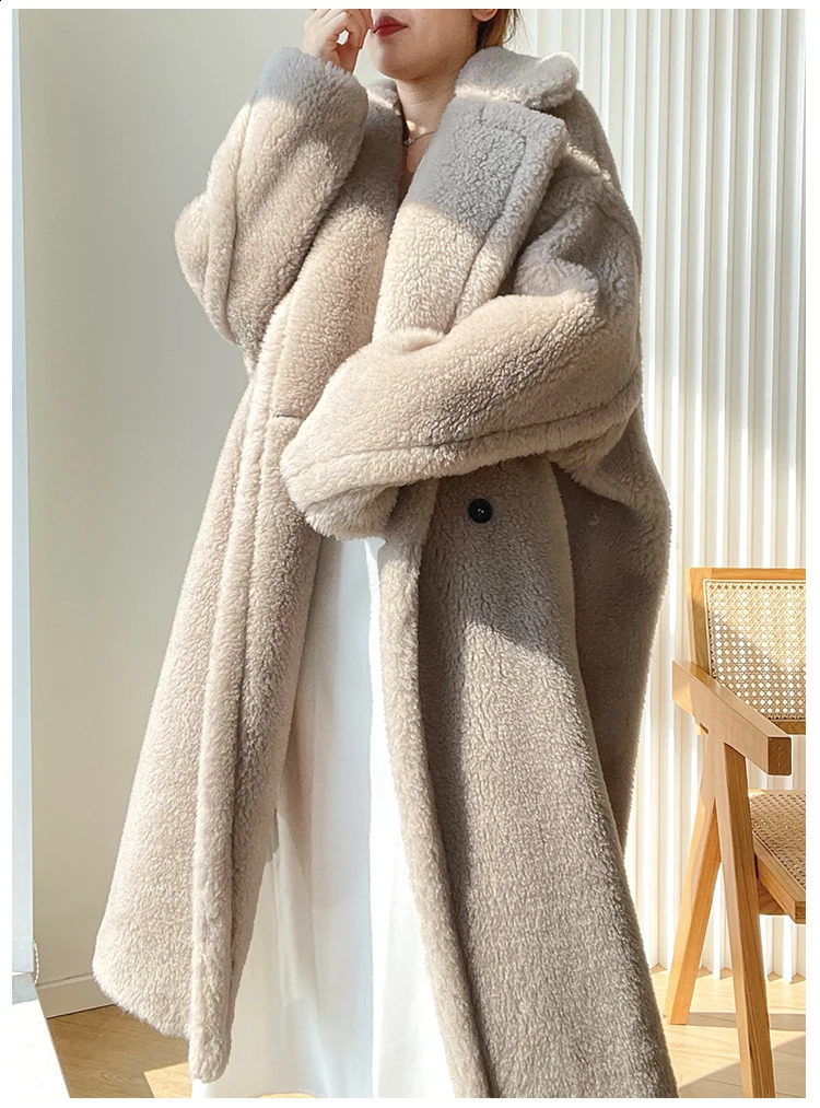 Teddy teddy bear coat womens autumn and winter fur grain camel wool coat alpaca wool med-long woolcoat 240911
