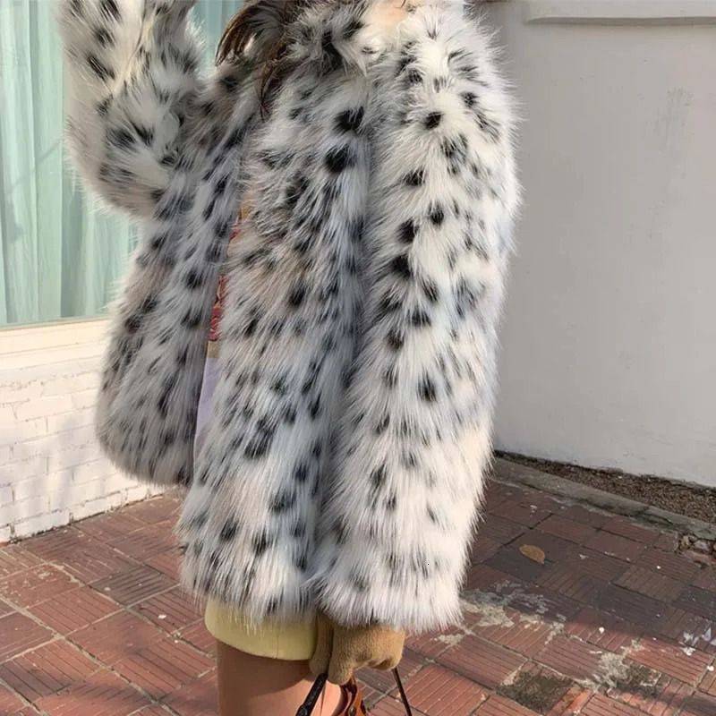 Cat Printed Imitation Fox Black And White Ed Leopard Lapel Loose Coat Young Women Thick Warm Fur Outer Wear Winter