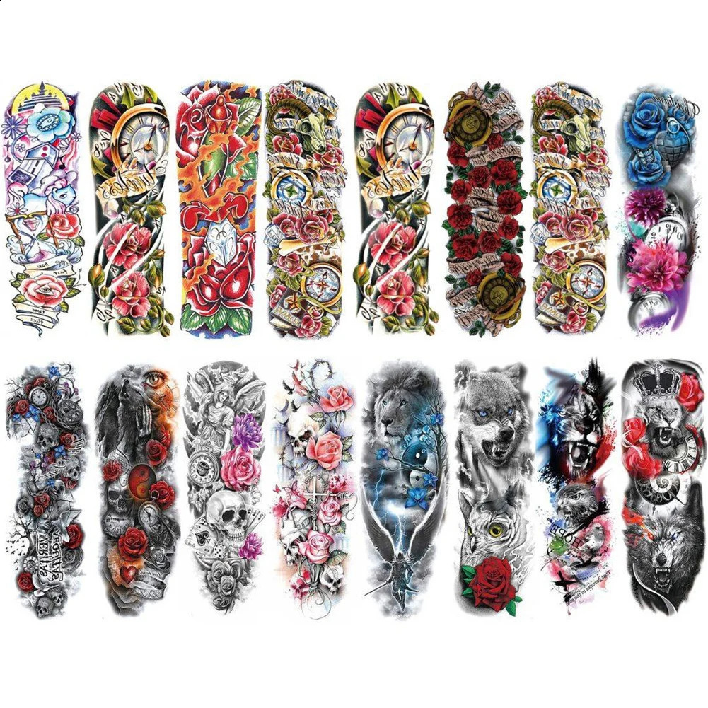 16 Time Flowers Animal Color Tattoo Stickers Full Arm Temporary Art Tattoo Stickers 240913