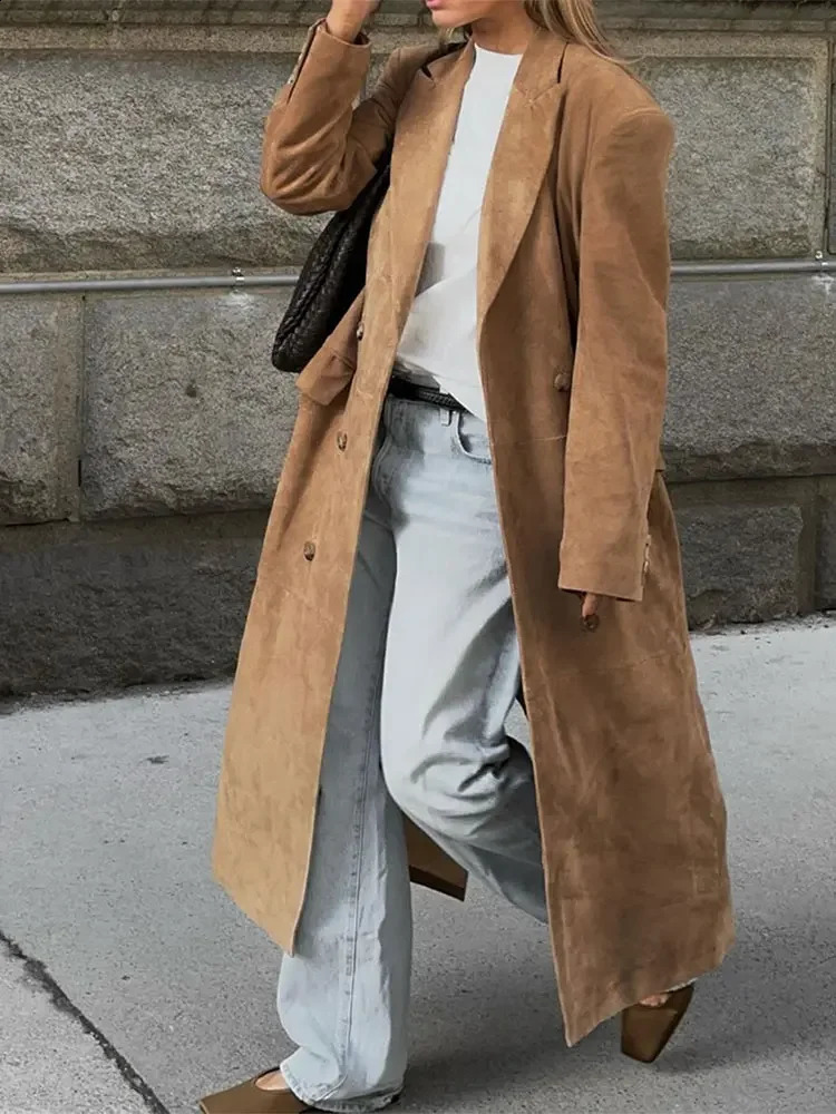 Fashion Lapel Long Windbreaker Jacket Elegant Casual Suede Leather Womens Trench Coat Oversize Autumn Commute Street Outerwear 240911