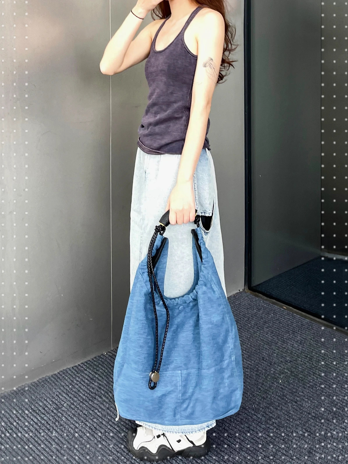 24fw cat step style large capacity garbage bag woven backpack denim pleated shoulder shopping 240913