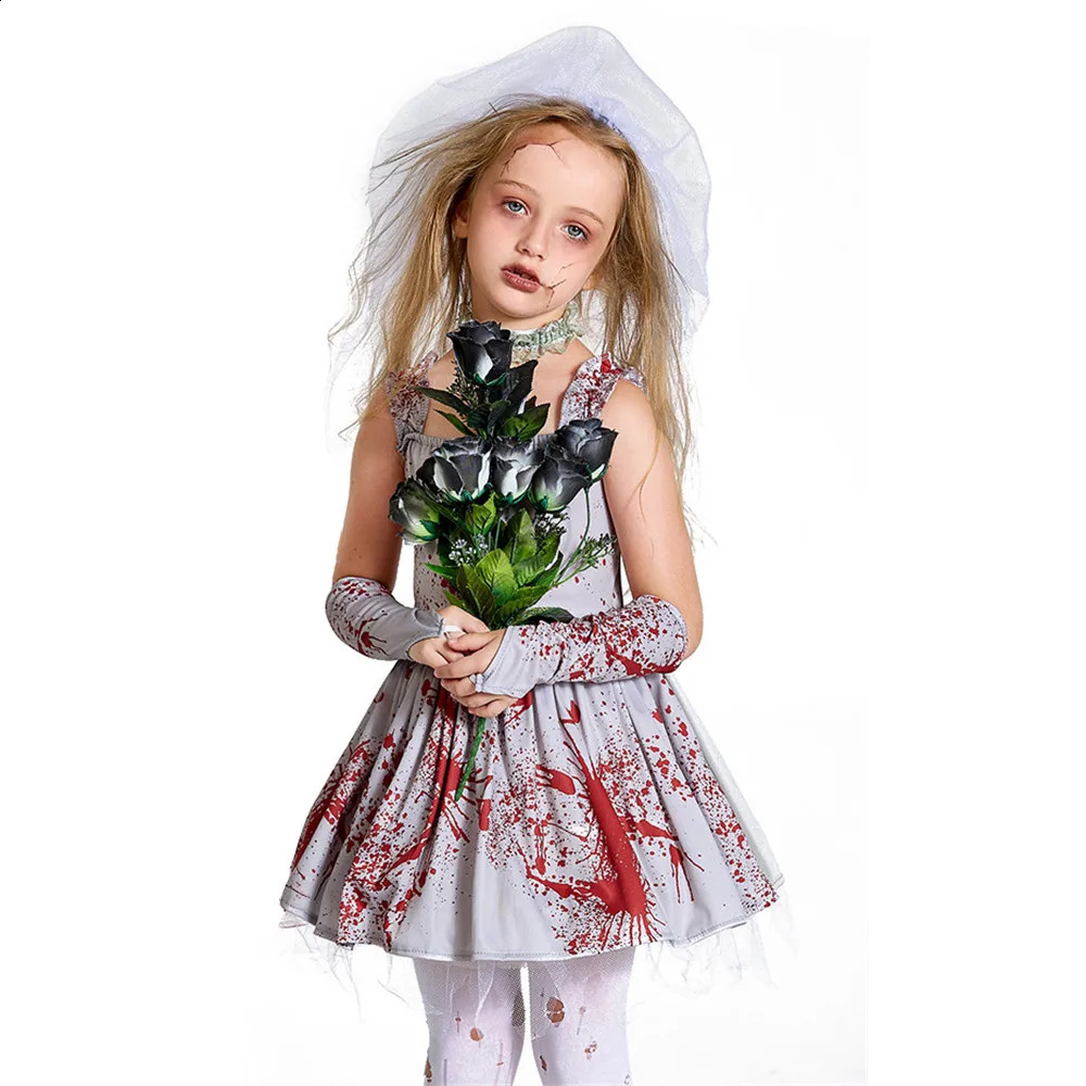 Girl Corpse Bride Horror Cosplay Children Halloween Bloody Walking Dead Zombie Costume Carnival Purim Cosplay Party Dress 240906