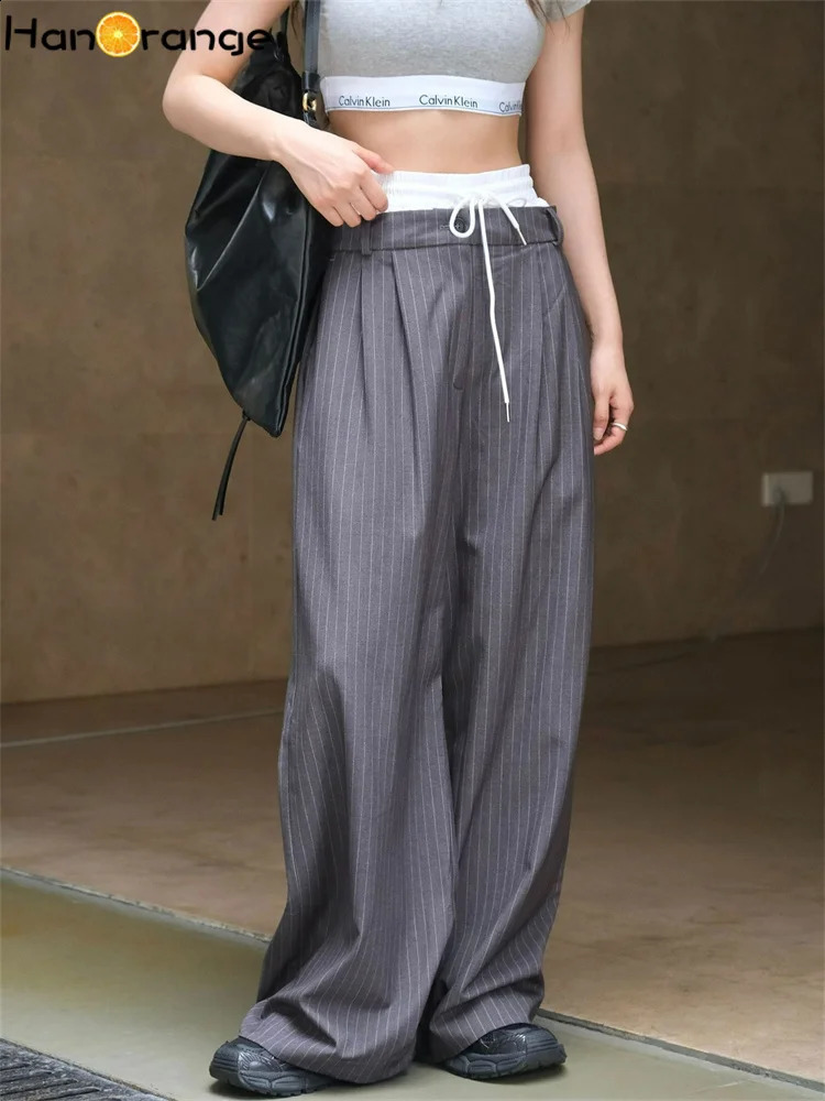 HanOrange Autumn Casual Waist Splicing Striped Pants Womens Loose Wide Legs Felt Trouser Grey 240913