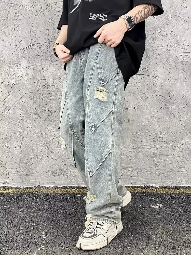 Ropa Y2K Streetwear Washed Blue Ripped Stacked Jeans Pants For Men Vintage Clothes Straight Hip Hop Denim Trousers Spodnie 240912