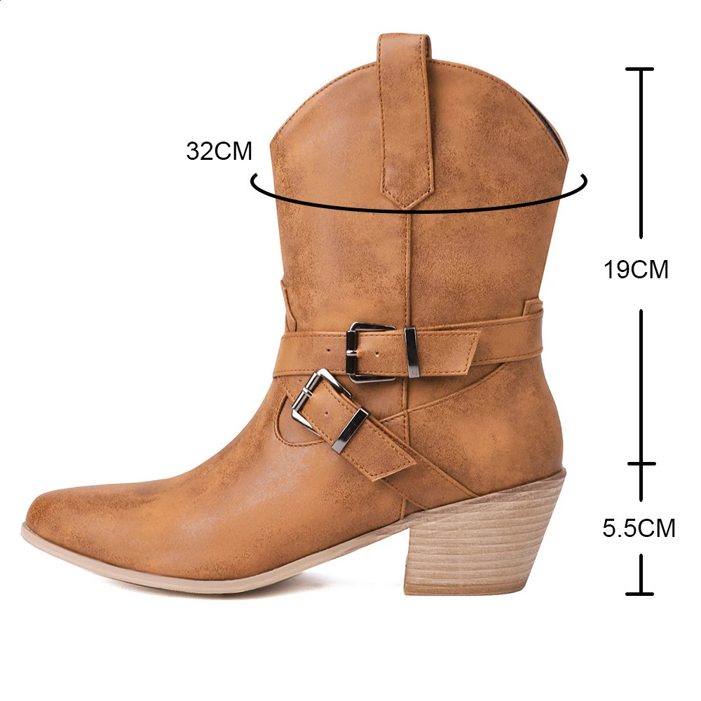 Plus Size 43 Womens Cowboy Boots Short and Fat High Heels Pointed Foot Bracelets Ankle Boots Womens Cossacks Bottas Autumn Womens Shoes 240914