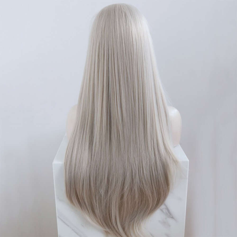 Y Gray Balayage Straight Long Lace Front Wig 10% Human Hair Mixed Synthetic Wigs Heat Resistant Fiber Daily Party Wearing