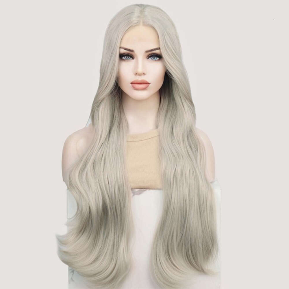 Y Gray Blonde Lace Front Wig Premium Heat Resistant Synthetic Long Wavy Blended Human Hair Cosplay Daily Women Wigs