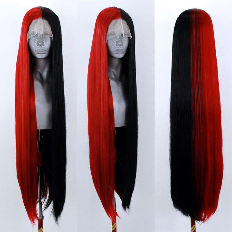 Red Half Black 10% Human Hair Straight Front Heat Resistant Synthetic Lace Frontal Wig Cosplay