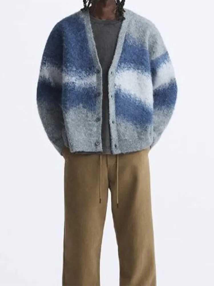 Fashion Tie Dye Cashmere Sweater Cardigan Man Long Sleeve Single Breasted Knitted Jacket Autumn Thicken Warm Woolen Coat M240914