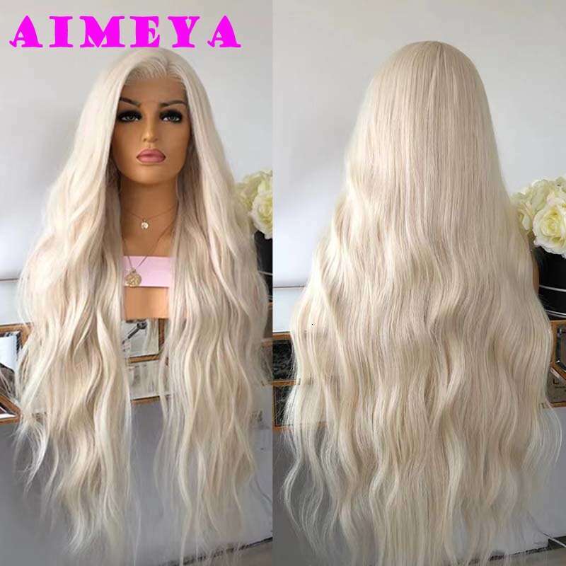 Platinum Blonde Lace Front Wigs For Women Long Natural Wave Synthetic Heat Resistant Fiber Hair Free Part