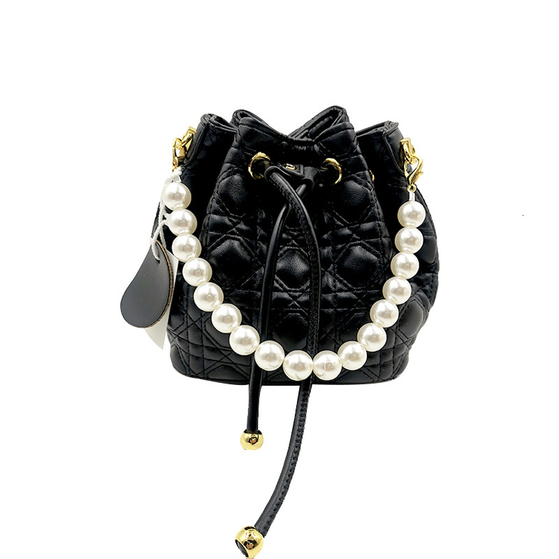 Women's 2024 New Embroidered Bucket Small Fragrant Style Fashion Diamond Grid Chain PU Beaded Single Shoulder Crossbody Bag