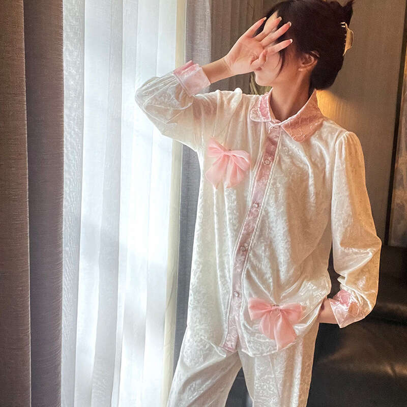 Women Veet Long Sleeve 2Pcs Pamas Set Nightwear Loose Lounge Wear Home Clothes Autumn Winter New Sleepwear Pyjama Pour Femme