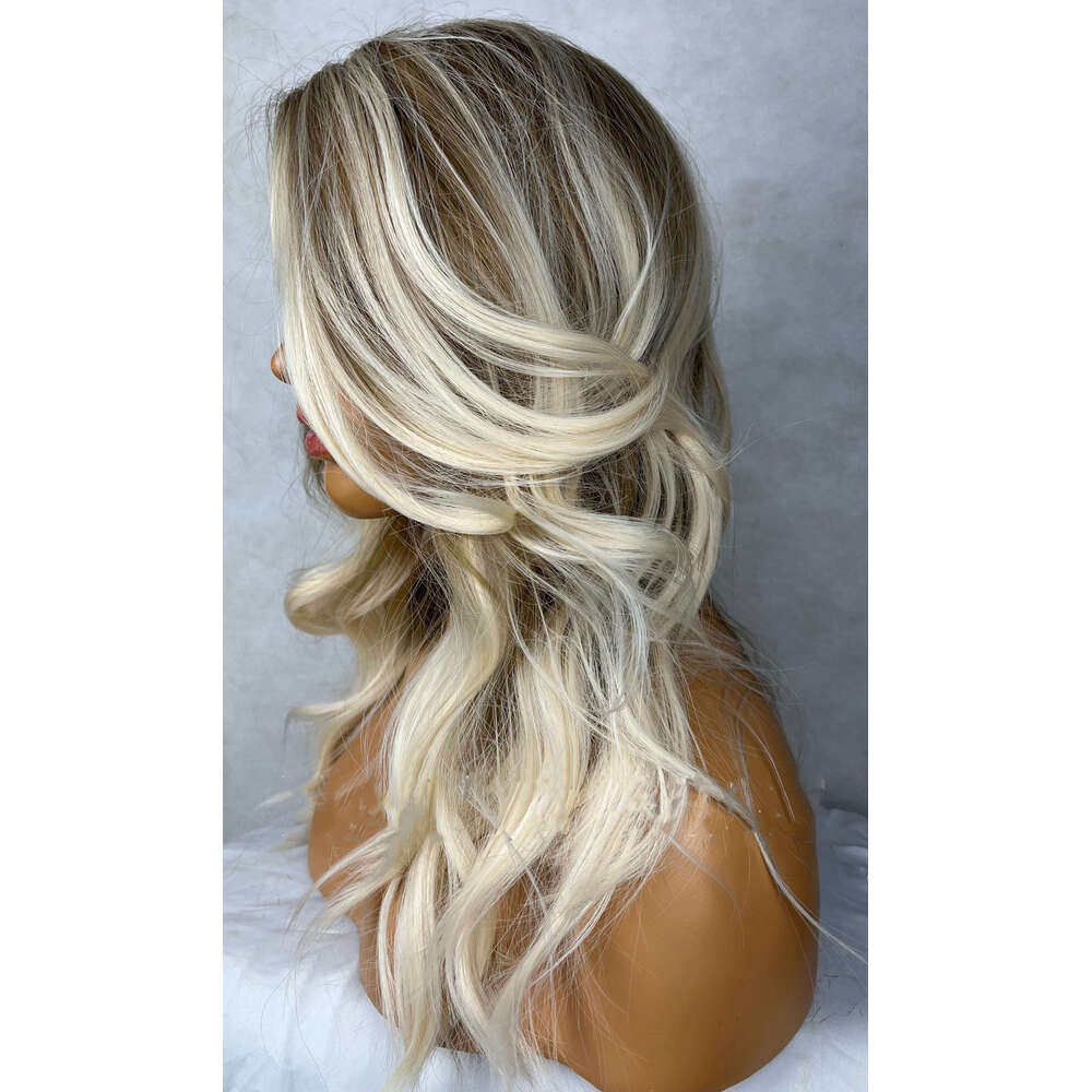 Synthetic Fiber Ash Blonde Balayage Highlights Wavy Side Parting Lace Front Womens Wig Heat Resistant Daily Use/Party 150%