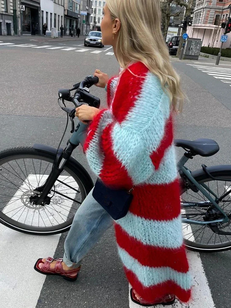 Chic Striped Knit Long Coat Women Lantern Sleeve Thicken Warm Cardigan Jacket Winter Fashion Female Street Outwears 240904