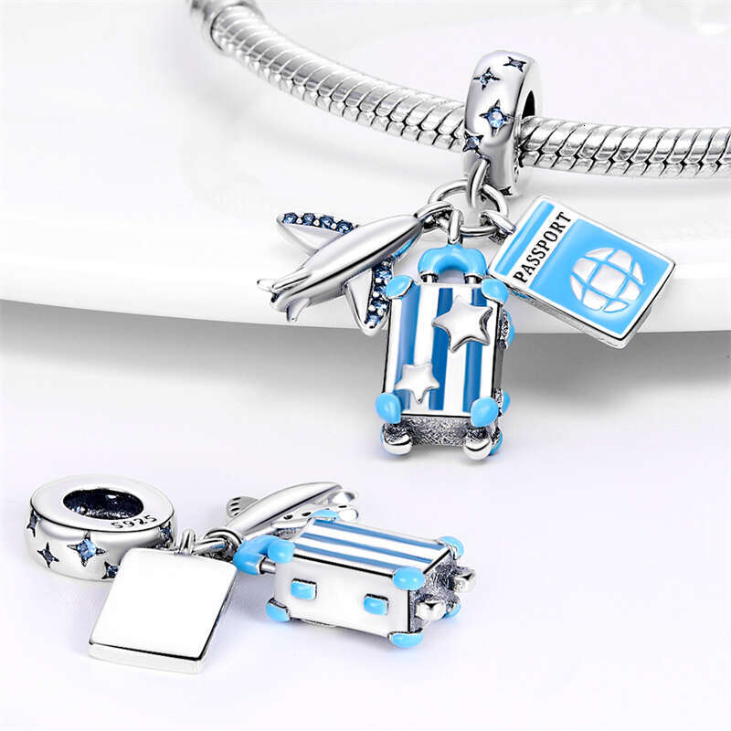 925 Sterling Silver Airplane Passport Suitcase Travel Charms Beads Fit Original Bracelets DIY Birthday Jewelry