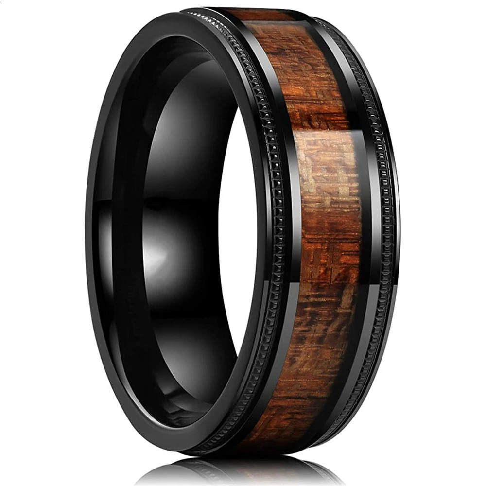 Fashion 8mm Black Tungsten Wedding Ring For Men Women Koa Wood Inlay Steel Engagement Rings Punk Mens Anniversary Jewelry Gifts 240906