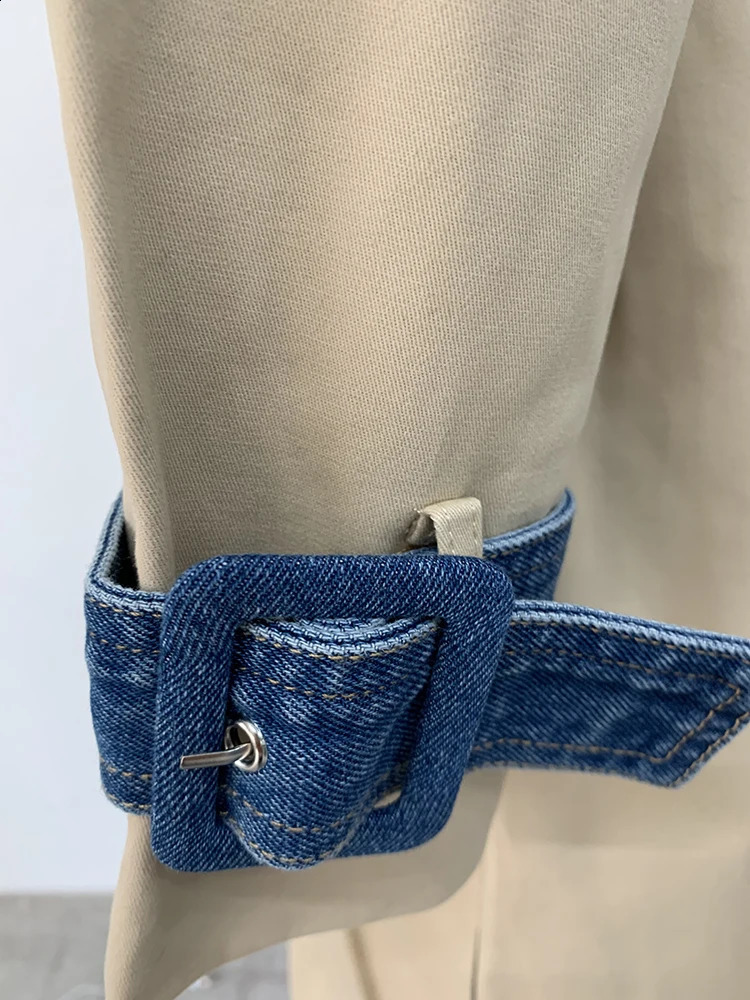 IEQJ Womens Trench Coat Denim Stitching Lapel Double Breasted Bandage Loose Windbreaker Spring Female Clothing 3W6304 240913
