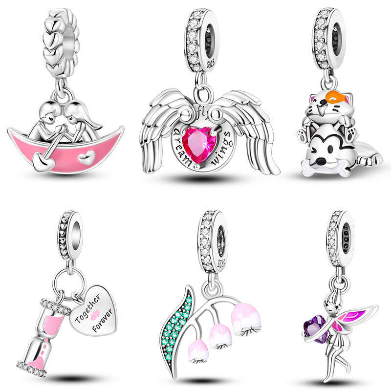 925 Sterling Silver Hourglass Cat Dog Butterfly Insect Pink Charms Bead Fit Original Bracelets Fine DIY Jewelry