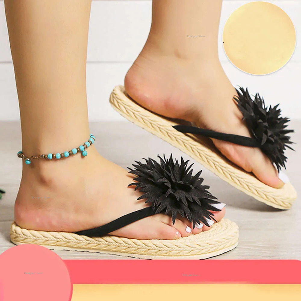 Flip Flops Flower 2024 Women Leisure Woven Beach Holiday Slippers Vintage Flat Non-Slip Outdoor Comfortable All Match Sandals