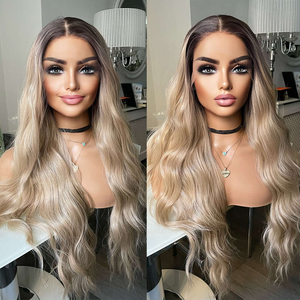 Ash Blonde Ombre Dark Brown Roots Synthetic Lace Front Wig For Alopecia Hair Loss Women Gift Daily Heat Resistant