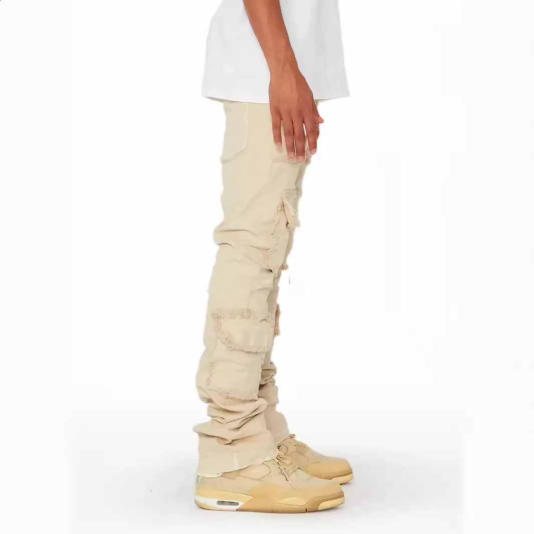Mens Denim Workwear Straight-leg Pants European and American Fashion Elastic Patched Denim Stacked Flared Mens Pants S-XL 240906