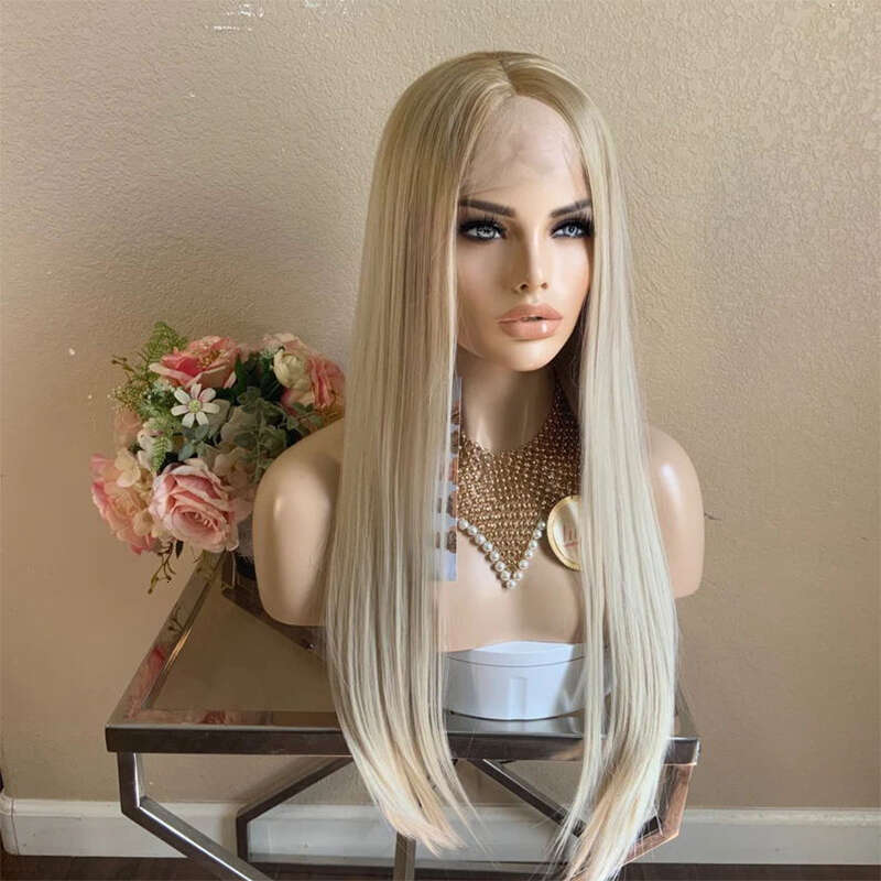 Ash Blonde Synthetic Front For Women #60 Long Straight 26" Pre Plucked 30% Human Hair Heat Resistant Lace Wig Daily Use