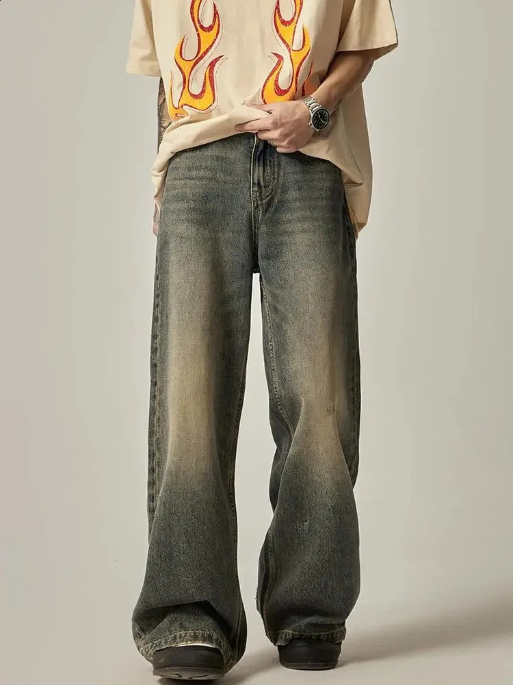 Vintage Blue Jeans Mens Clothing Spring and Autumn Holes Y2K Straight Pants Button Pocket Loose Trousers A030 240911