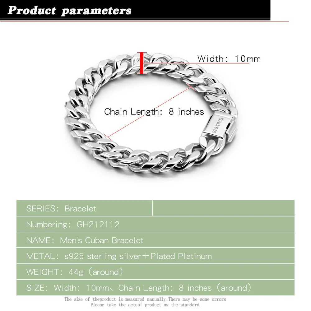100% 925 silver bracelet mens classic 10MM Cuban chain hip-hop rock style accessories exquisite jewelry safety buckle with gift box W240914