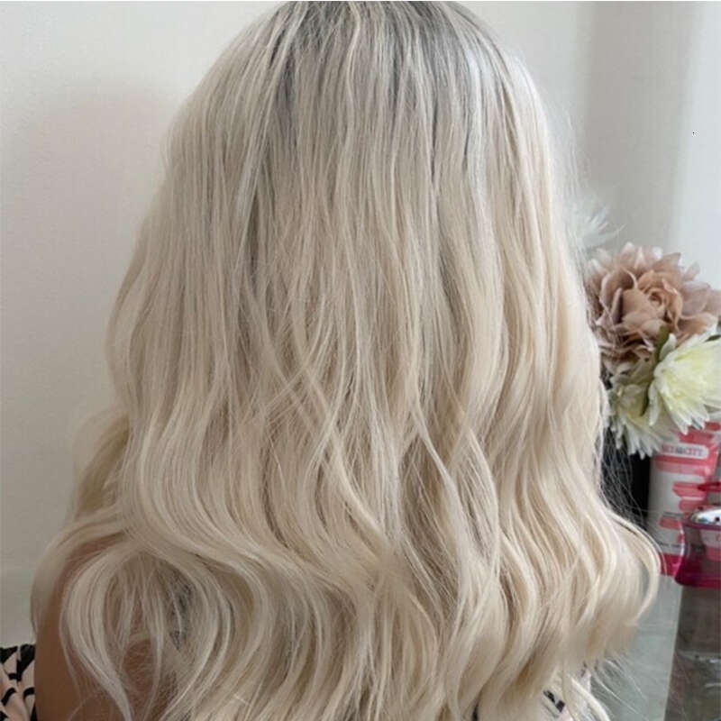 Platinum Blonde Lace Front Wig With Grey Roots Thick Shoulder Wavy Synthetic 16" 150% Density Ready To Ship 10% Human Hair