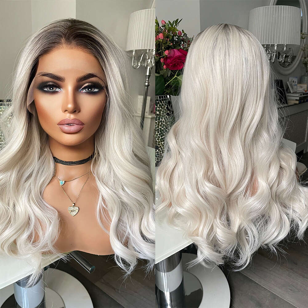Ombre White Lace Front Wig With Dark Roots Heat Resistant Synthetic Wigs Realistic Natural Haire Free Style Daily Use Cosplay