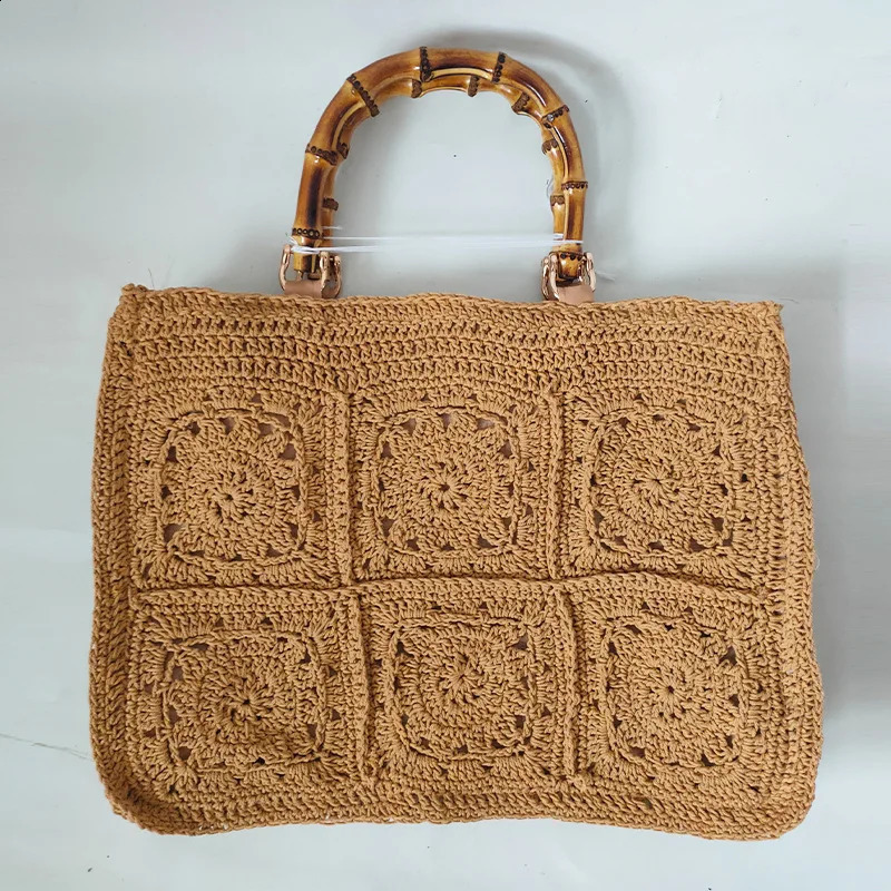 Retro bamboo handbag womens crochet hook large capacity handmade hollow beach bag casual summer 240913