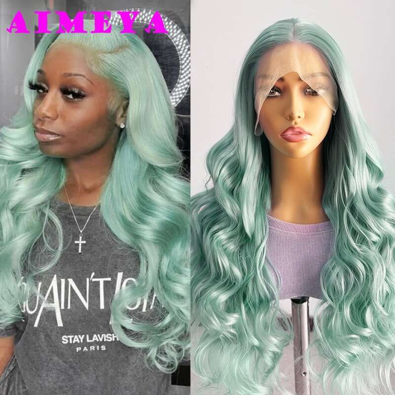 AIMEYA Blue Synthetic Long Body Wave Front Mint Green Heat Resistant Hair Lace Daily Use Cosplay Wig