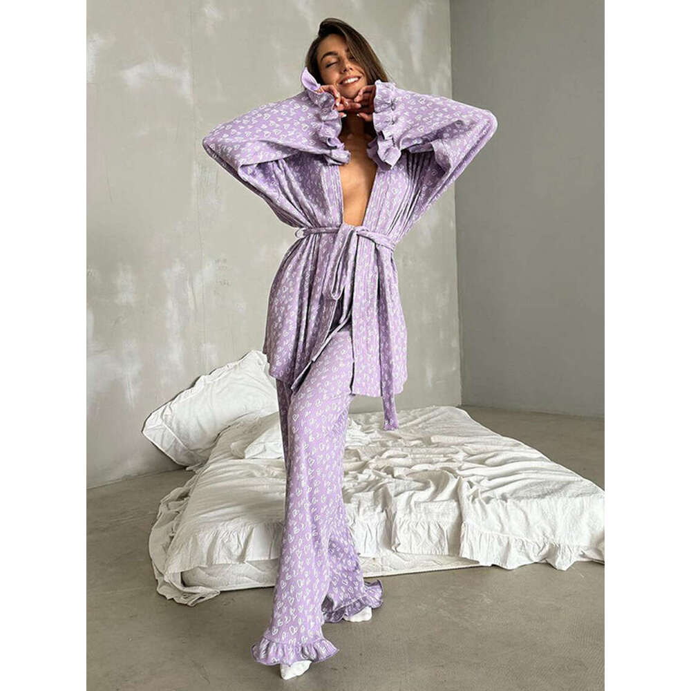 Marthaqiqi Printing Women Sleepwear 2 Piece Suit Sexy V-Neck Pama Long Sleeve Nightie Lace Up Pyjama Pants Femme Nightwear Set