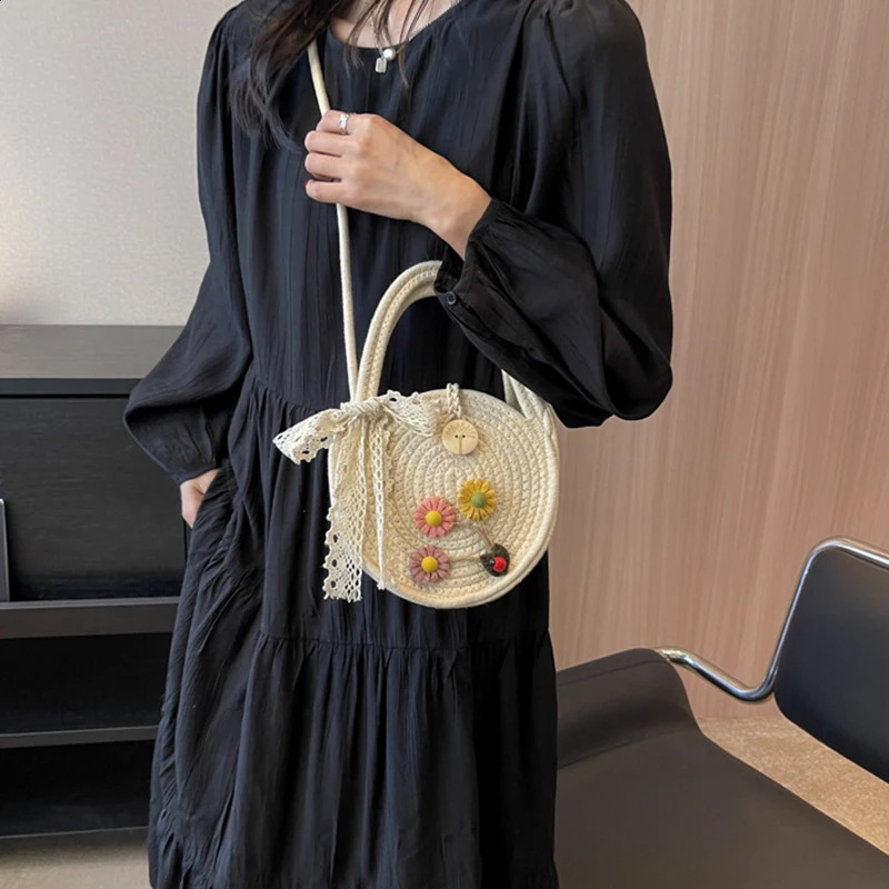 Cotton rope round grass beach bag retro handmade woven shoulder cross body Bohemian summer vacation leisure 240913