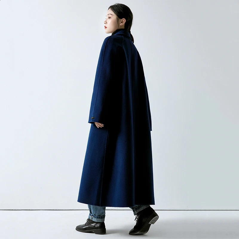 Navy Blue Double Face Wool Coat Women Autumn Winter Notched Collar Long Belt Overcoat Korean Style Vintage Woolen Coat 240911