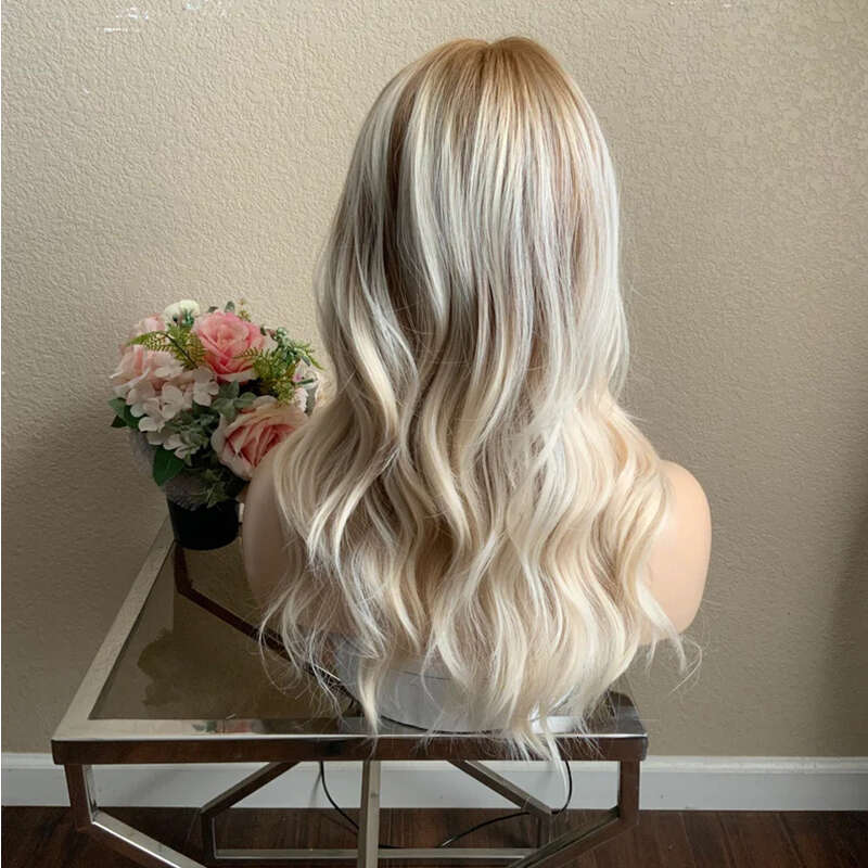 Lace Front Balayage Ash Blonde Highlights Synthetic Wig Heat Resistant Fiber Cosplay Halloween Wavy Wigs 10% Human Hair