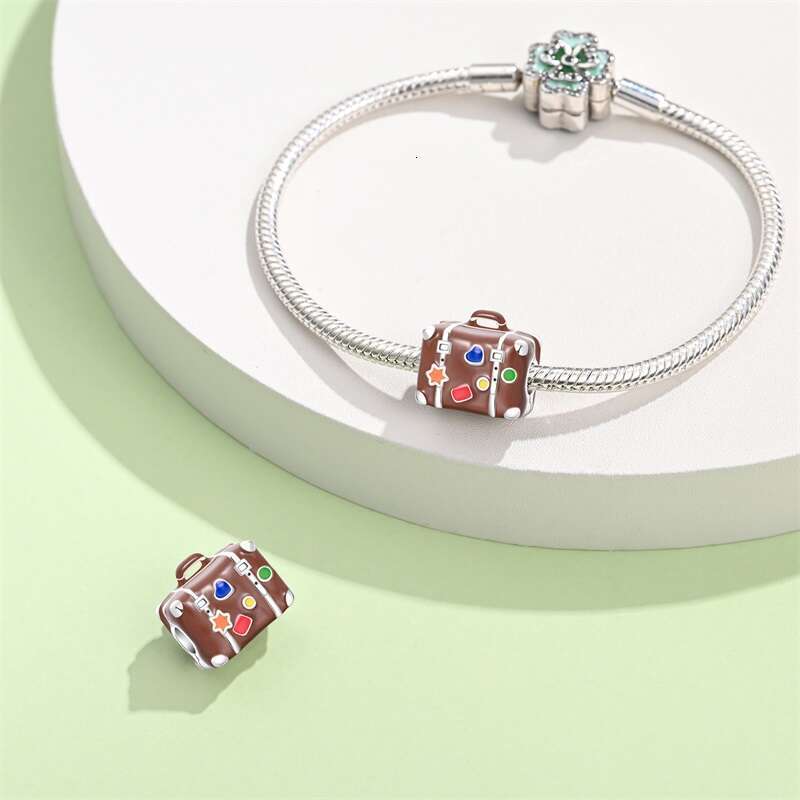 925 Sterling Silver Colorful Suitcase Bag Travel Charms Beads Fit Original Bracelets Fine DIY Anniversary Jewelry