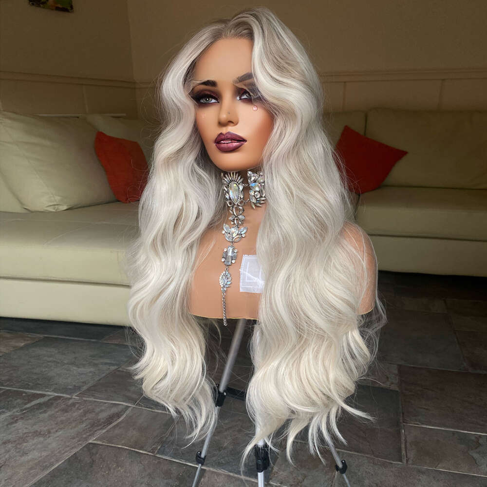 Highest Quality Synthetic Material Lace Front Wig 28 Inches Icy Blonde Thick Long Wavy Women Wigs Asy Roots Heat Protected