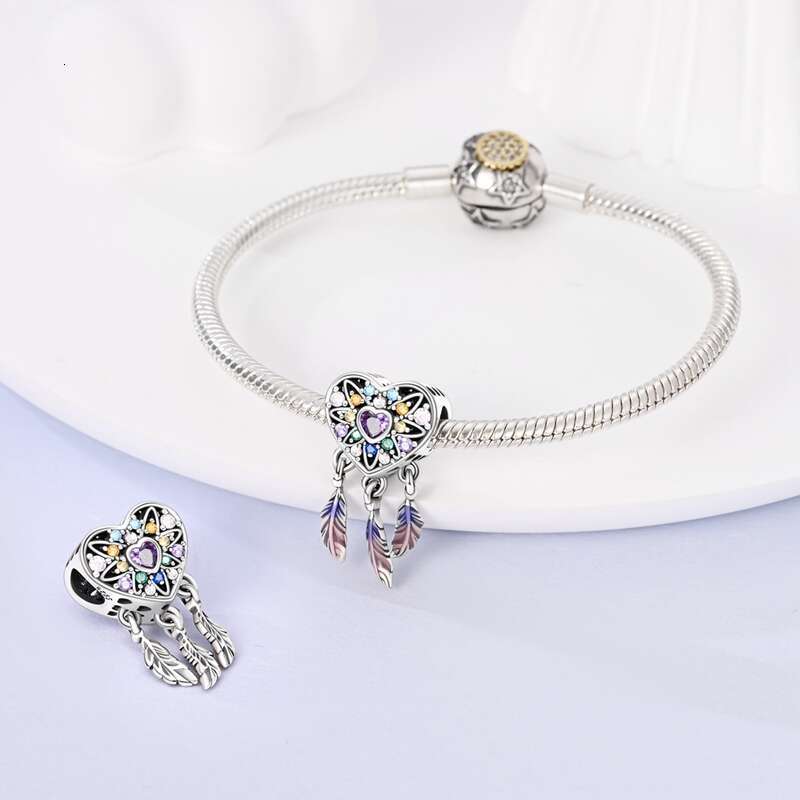 925 Sterling Silver Feather Colorful Dreamcatcher Charms Pendants Fit Original Bracelets DIY Jewelry