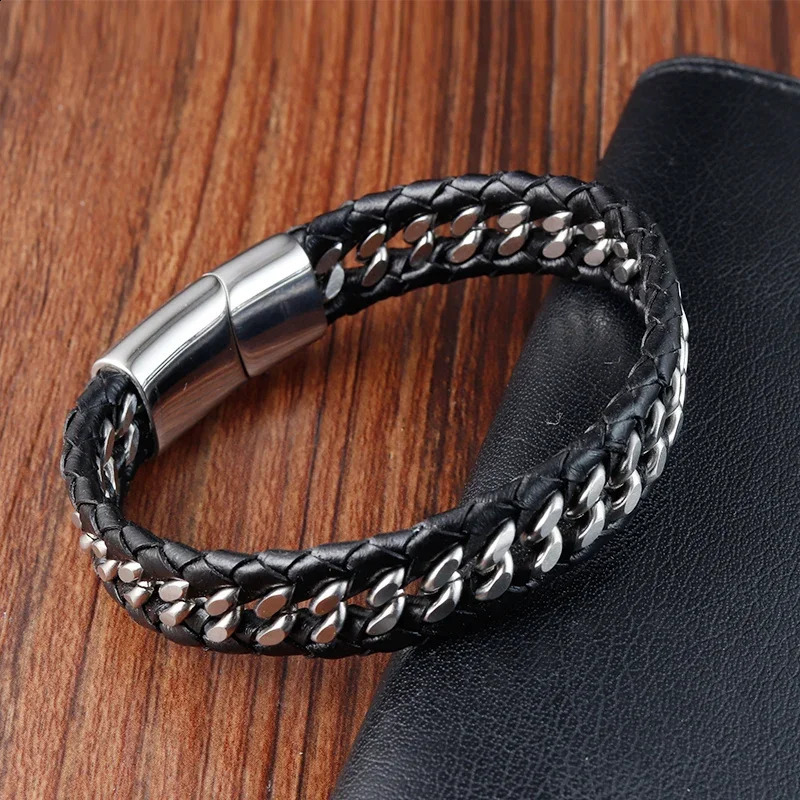 Woven rope woven black leather mens bracelet punk style stainless steel bracelet used for friends charm fashion jewelry gifts 240914