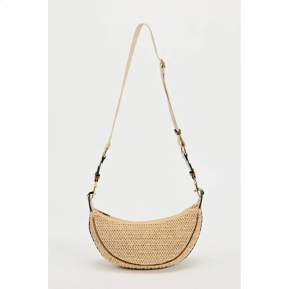 Fashionable woven handbag half moon grass armpit bag travel beach wallet bohemian style shoulder 240913