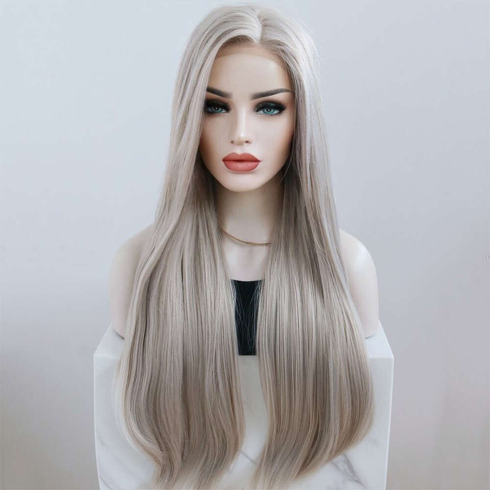 Y Gray Balayage Straight Long Lace Front Wig 10% Human Hair Mixed Synthetic Wigs Heat Resistant Fiber Daily Party Wearing