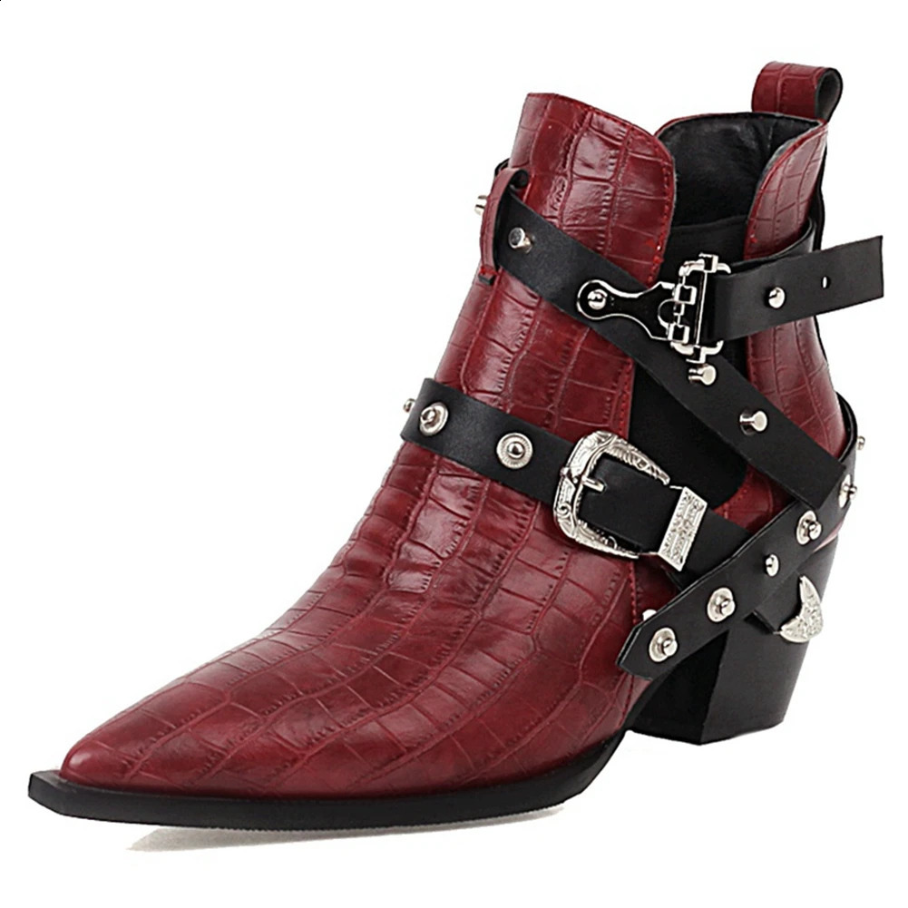 DoraTasia Plus Size 34-50 Womens Short Fat High Heels Pedal Boots Corner Buckle Rivet Boots Womens Party Ol Womens Shoes 240914